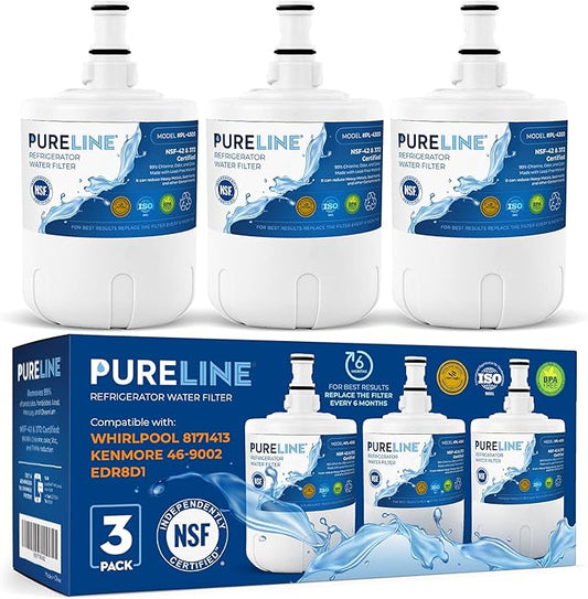 Pureline 8171413, Replacement for Whirlpool 8171413, Everydrop EDR8D1, Kenmore 9002, Refrigerator Water Filter - Reduces Bad Taste & Odor