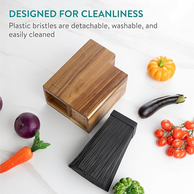 Navaris Knife Block & Utensil Organiser - Durable Acacia Wood Knife Holder without Knives - Removable & Washable Plastic Bristle for Random Sized Knives - Kitchen Storage Stand