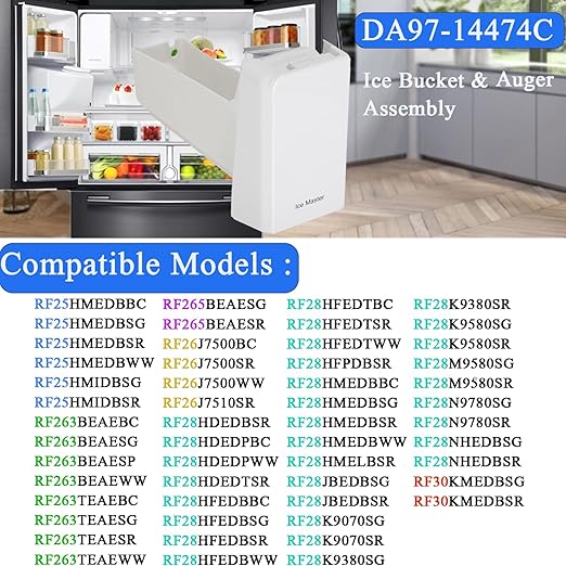 DA97-14474C, DA97-14474A, DA97-12604D Ice Bucket, ice Container Bucket Compatible with Samsung RF25, RF26, RF28, Series Refrigerator etc, Part Number: DA97-21040A, AP6034185 etc One Year Warranty