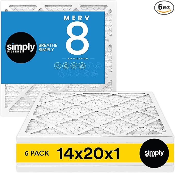 Simply 14x20x1 Air Filter, MERV 8, 6 Pack, For Home AC Furnace & HVAC (Actual Size: 13.75"x19.75"x0.75") DUST, Pet, & Allergy Control