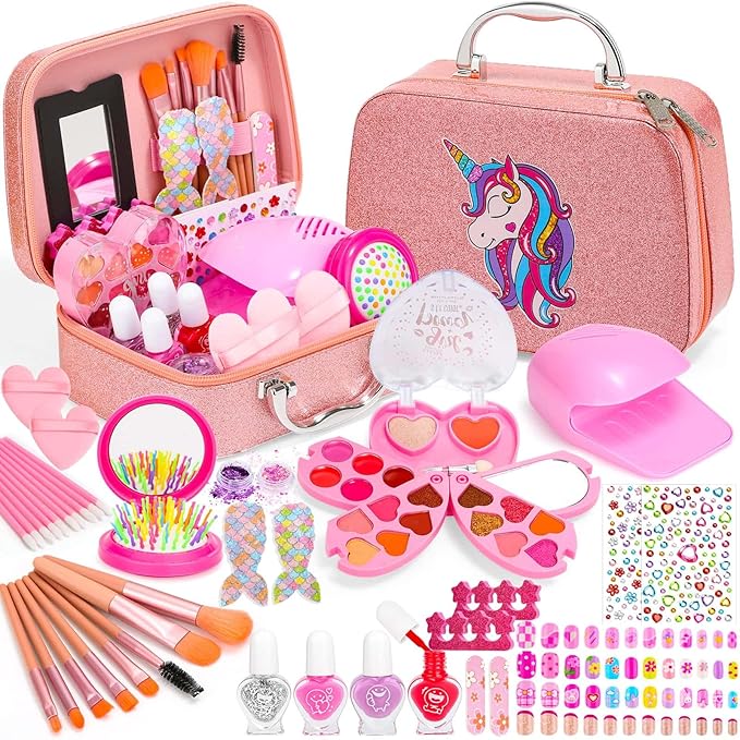 Kids Makeup & Nail Kit for Girls, Washable Cosmetic with Unicorn Storage Case, Kids Play Makeup Set, Girls Nail Polish and Press on Nails for Girl Birthday Gift 8 10 11 12+