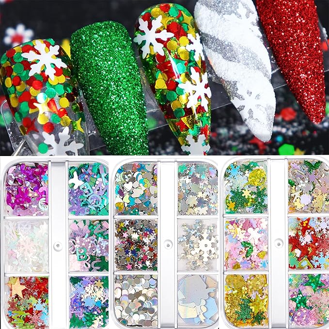 Winter Christmas Nail Art Glitters Sequins, 3 Boxes Holographic Multicolor Glitter Stickers Decals, Christmas Snowflake Letter Star Tree Lrregular Shapes Designs for Manicure DIY Xmas Decorations
