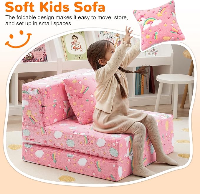 MeMoreCool Glow Tri-fold Sofa Bed for Kids, Folding Futon Mattress and Chair, Foldable Floor Couch for Playroom and Trifold Mattress for Sitting