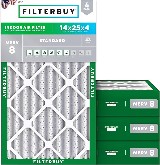 Filterbuy 14x25x4 Air Filter MERV 8 Essential Dust & Allergy Defense (4-Pack), Electrostatic Pleated HVAC AC Furnace Filters Replacement (Actual Size: 13.88 x 24.88 x 3.63)