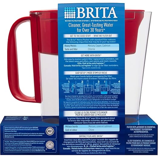 Brita Water Filter Pitcher for Tap and Drinking Water with 1 Standard Filter, Lasts 2 Months, 6-Cup Capacity, BPA Free, Red