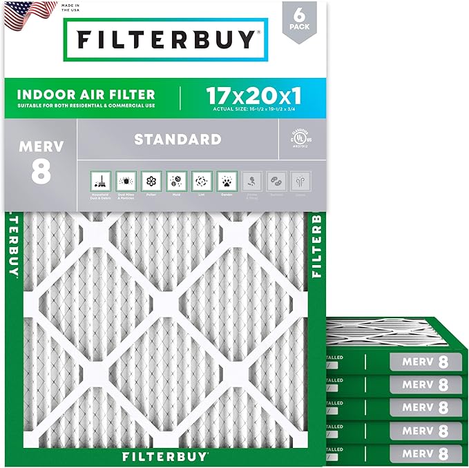 Filterbuy 17x20x1 Air Filter MERV 8 Essential Dust & Allergy Defense (6-Pack), Electrostatic Pleated HVAC AC Furnace Filters Replacement (Actual Size: 16.50 x 19.50 x 0.75)