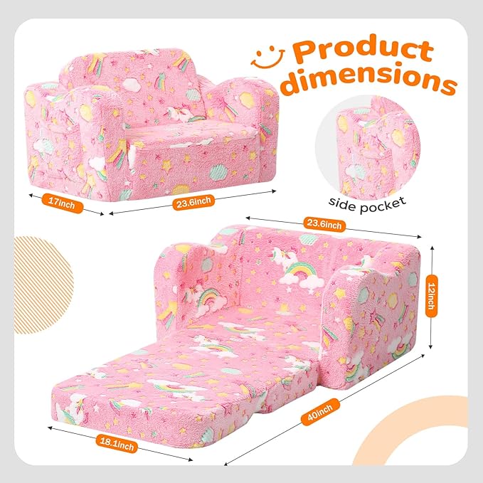 MeMoreCool Glowing Pink Rainbow Kids Chair, 2-in-1 Glow-in-the-Dark Kids Couch Fold Out Sofa for Girls, Comfy Plush Foam Recliner for Playroom Nursery, Washable Cover, Ages 1-3 | Reading, Lounging