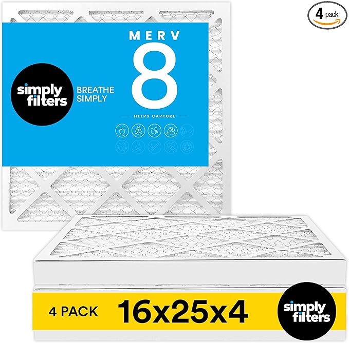 Simply 16x25x4 Air Filter MERV 8, 4 Pack, For Home AC Furnace & HVAC (Actual Size: 15.5"x24.5"x3.63") DUST Pet & Allergy Control,
