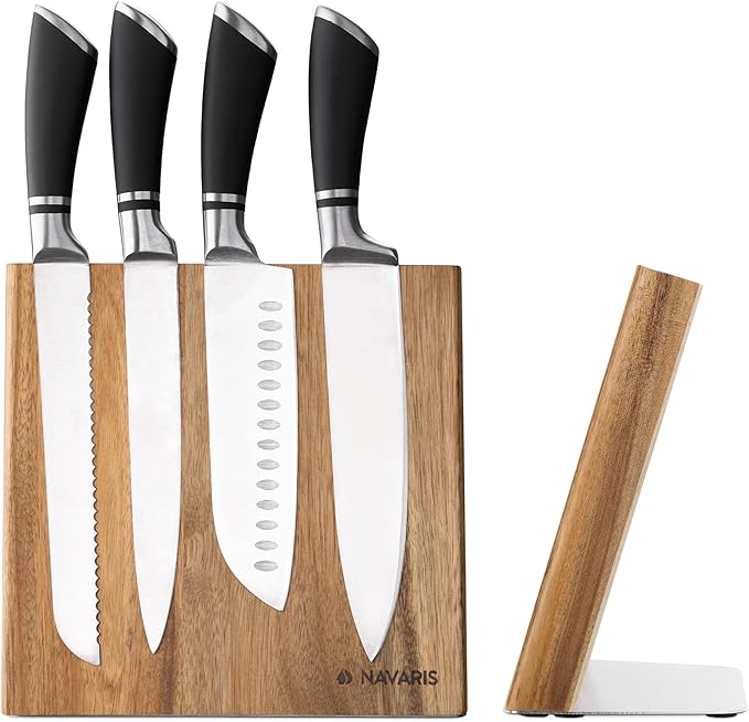 Navaris Wooden Magnetic Knife Holder - Universal Wood Magnetic Block & Organizer for Knives, Scissors, Utensils - Acacia, 9.1" x 8.9"