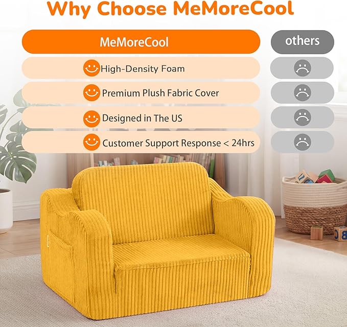 MeMoreCool Toddler Couch, 2-in-1 Corduroy Kids Couch Fold Out to Lounger, Comfy Toddler Chair for 1-3 Year Old, Soft Foam Kids Sofa with Washable Cover for Playroom and Bedroom, Mustard Yellow