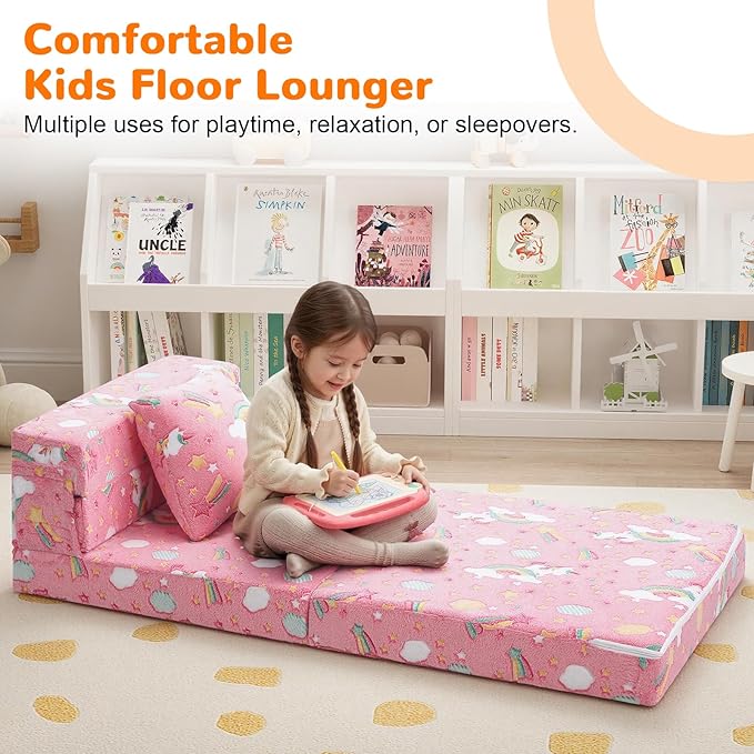 MeMoreCool Glow Tri-fold Sofa Bed for Kids, Folding Futon Mattress and Chair, Foldable Floor Couch for Playroom and Trifold Mattress for Sitting