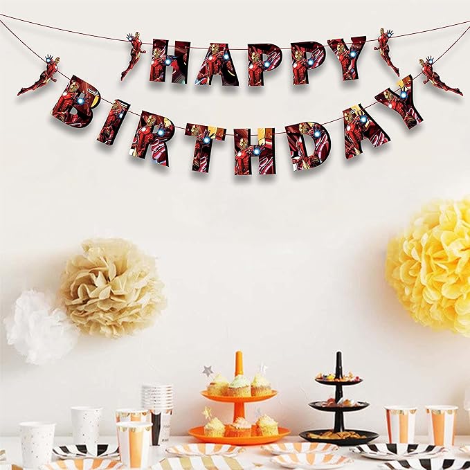 Irn Man Happy Birthday Banner – Action Hero Armor Theme Birthday Decoration Banner for Indoor Party Setup, Wall Hanging Display, Dessert Table Background, Photo Booth Backdrop.