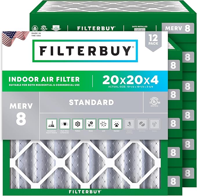 Filterbuy 20x20x4 Air Filter MERV 8 Essential Dust & Allergy Defense (12-Pack), Electrostatic Pleated HVAC AC Furnace Filters Replacement (Actual Size: 19.50 x 19.50 x 3.63)
