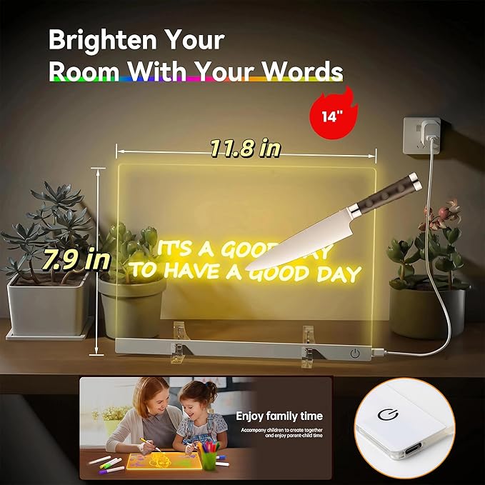 LED Drawing Board, Glow Acrylic Dry Erase Message Board with Light, 7 Colors & 4 Modes with Stand, Night Light for Room, Get Extra 7 Markers & 10pcs 3D Magic Puffy Paint Kit (11.8'' x 7.9'')