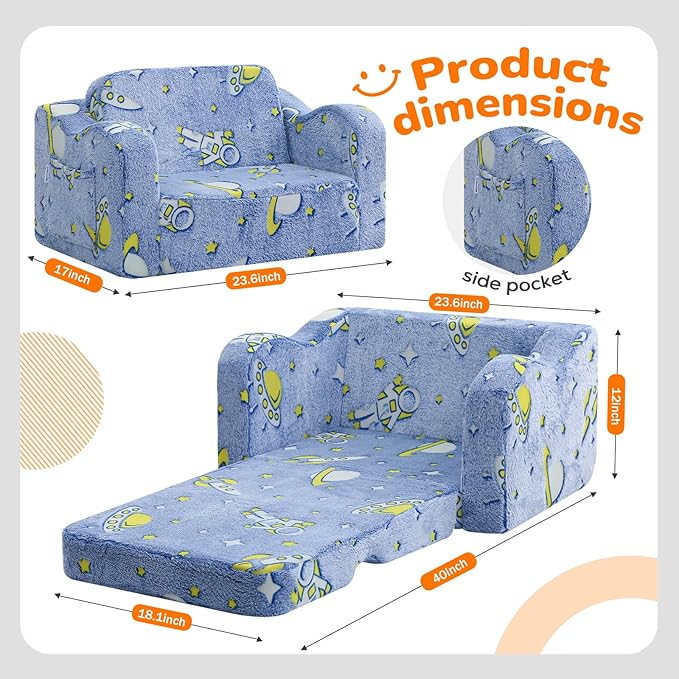 MeMoreCool Glowing Rocket Kids Chair, Glow-in-the-Dark Space Kids Couch, 2-in-1 Convertible Fold-Out Lounger with Soft Foam, Washable Cover for Boys Playroom, Denim Rocket | Reading, Lounging