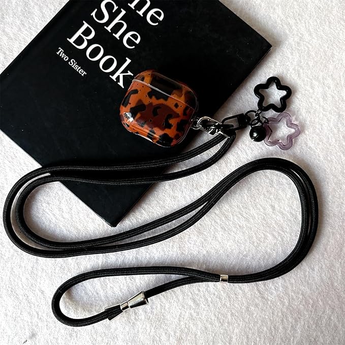 for AirPods 4 Case - Black Brown Leopard Print Design, Soft TPU Protective Cover with Detachable Neck Strap & Hand Strap, Shockproof Travel Accessories for Women Men (Stylish, Cute, Unisex)