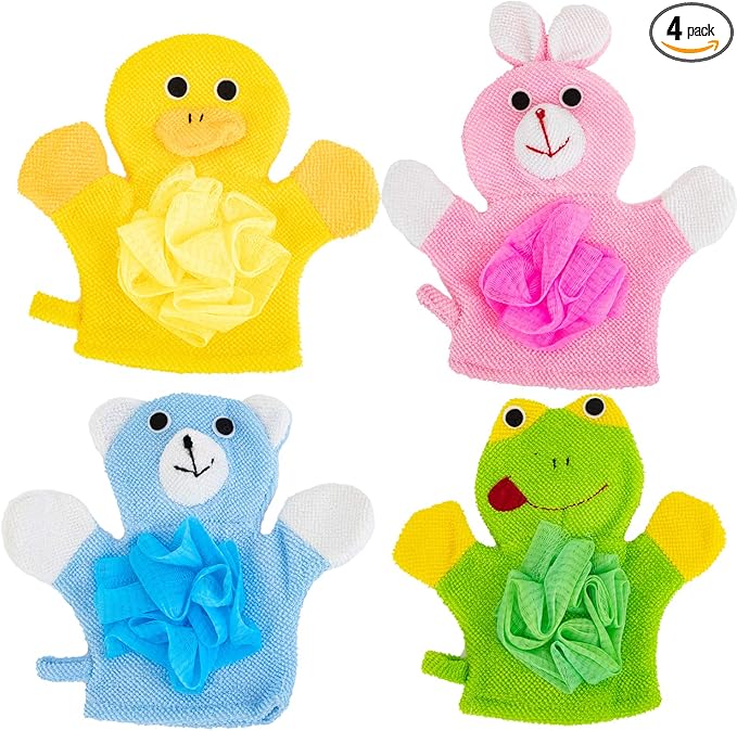 Azure Zone, 4 Pack Cartoon Hand Puppet Bath Wash Mitt Towel with Animal Designs for and Shower