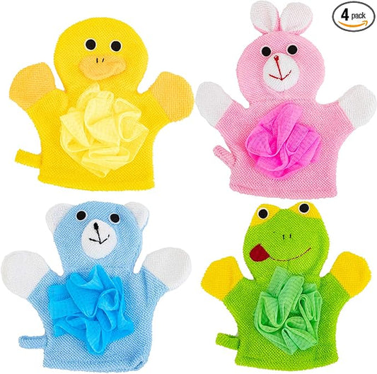 Azure Zone, 4 Pack Cartoon Hand Puppet Bath Wash Mitt Towel with Animal Designs for and Shower