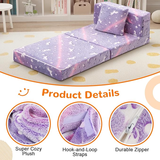 MeMoreCool Foldable Futon Chair Bed for Kids, Glow Tri-Fold Sofa Bed Convertible Toddler Sofa Mattress, Foam Floor Couch for Sitting, Purple