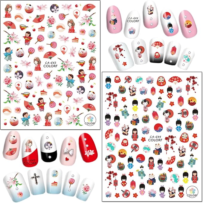 Japanese Style Nail Art Stickers, Cherry Blossoms Nail Art Decals 3D Self-Adhesive Flowers Nail Stickers Design Kimono Girl Mask Fan Nail Decal for Women Girls Manicure Decoration DIY Nail Sticker