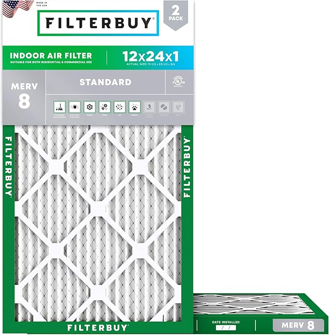 Filterbuy 12x24x1 Air Filter MERV 8 Essential Dust & Allergy Defense (2-Pack), Electrostatic Pleated HVAC AC Furnace Filters Replacement (Actual Size: 11.50 x 23.50 x 0.75)