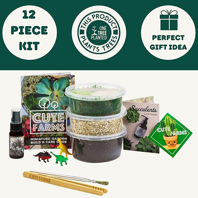 Cute Farms Terrarium Starter Kit | Moss, Vermiculite, Soil, Pebbles, Plant Food, Finishing Tools, Build and Care Guide | DIY Succulent Terrarium (Small)