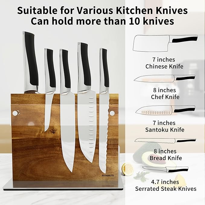 Acacia Magnetic Knife Block Double-Sided for Kitchen Counter Top - Heavy Duty Base & Shatter-Resistant Acrylic Shield, Holds 10-12 Knives, Space Saving Organizer (No Knives Included)