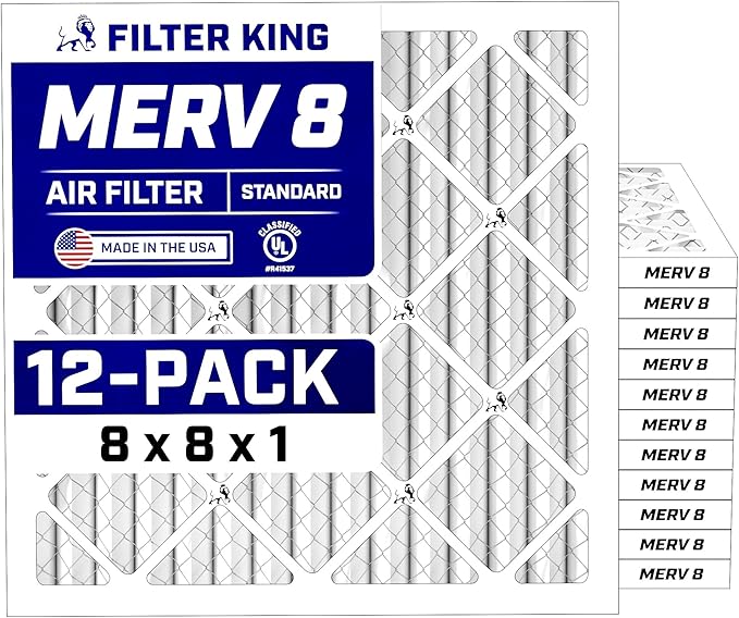 Filter King 8x8x1 Air Filter (MERV 8) (12-Pack) Dust & Allergy Control AC Furnace Filters, MADE IN USA, HVAC, Pleated, Electrostatic (Actual Size: 8 x 8 x .75)