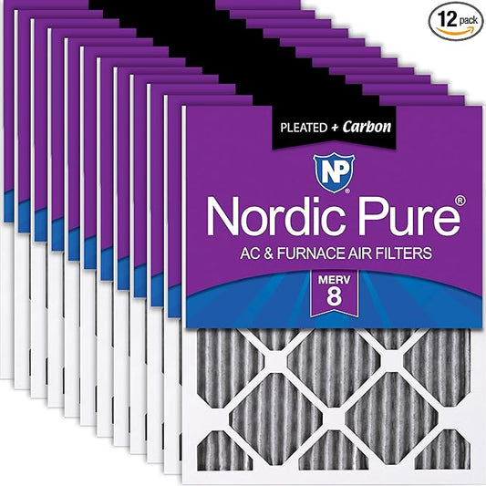 Nordic Pure 16x25x1 (Actual Size: 15 1/2 x 24 1/2 x 3/4) Furnace Air Filters MERV 8 Pleated Plus Carbon 12 Pack