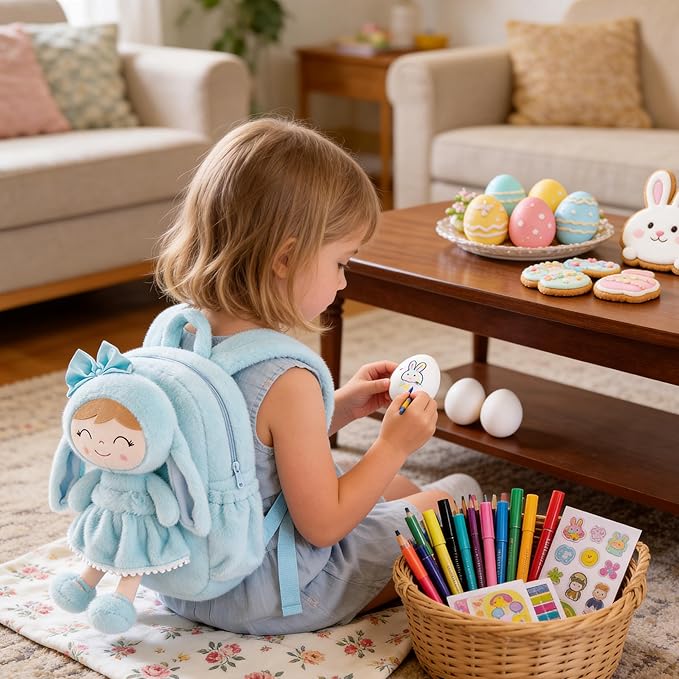 Gloveleya Back to School Gifts for Girls Toddler Backpack Kids Backpack Baby Girl Gift Plush Bag with Pure Blue Rabbit Doll Aged 2+