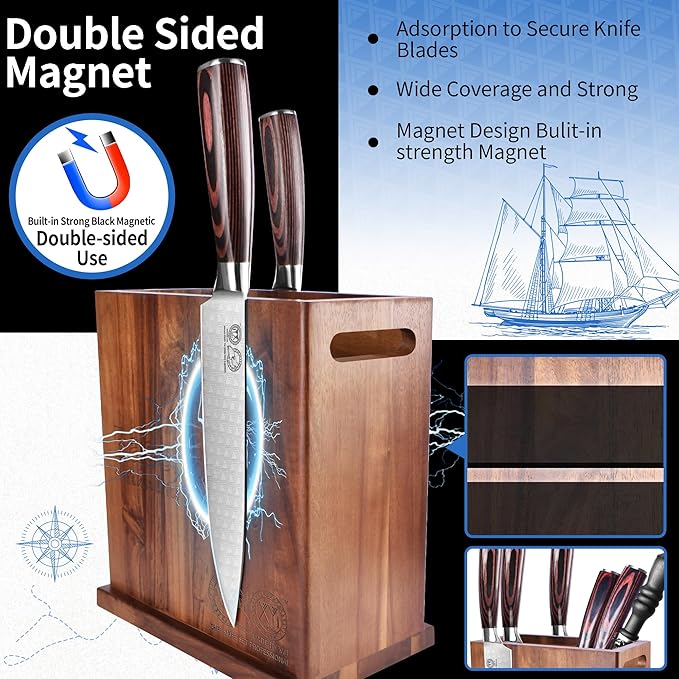 XYJ Magnetic Knife Block Holder,Double Side Magnetic Knife Stand,Acacia Wood,Extra Large Capacity Magnet Knife Storage for Knives and Utensils,Kitchen Organizer Rack Tool Without Knives