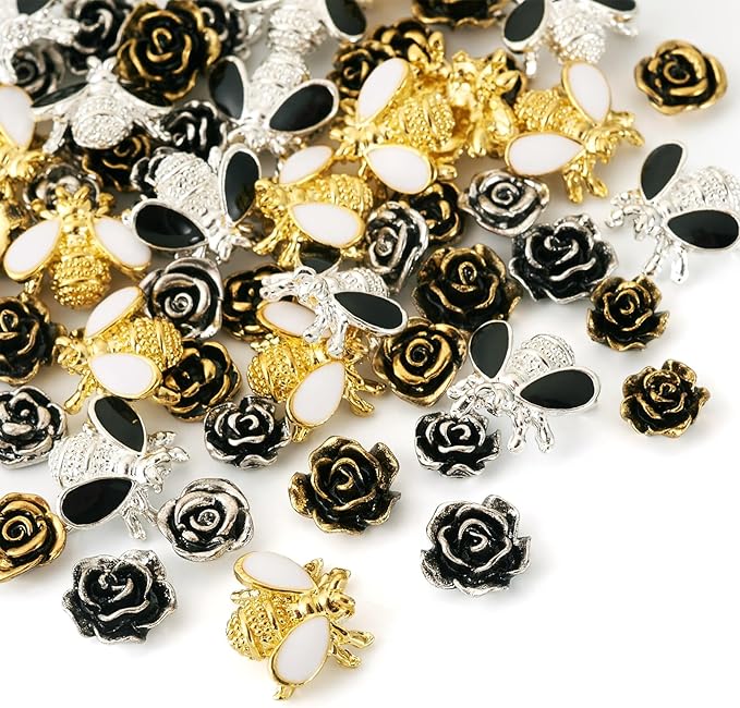 60Pcs Y2K Nail Charms Antique 3D Alloy Rose Bee Nail Cabochons Nails Art Charms Flower Nails Stickers Enamel Bee Charm for Women DIY Manicures Crafts Jewelry Making