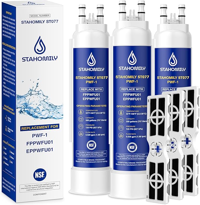 FPPWFU01 PWF-1 Water Filter Replacement for Frigidaire, PurePour FPPWFU01, PWF-1, EPPWF01 PureAdvantage PWF-1 and PureAir AF-2 FRGPAAF2 Air Filter Combo（3+3）