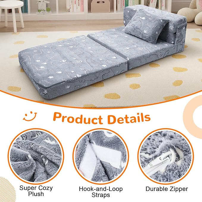 MeMoreCool Kids Floor Mattress Glow in The Dark, Convertible Sofa Couch, Folding Futon Chair Bed for Kids Playroom (Glowing Dinosaur)