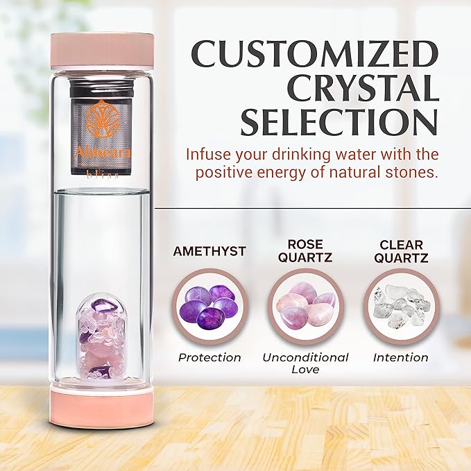 Almeara Crystal Water Bottle | Amethyst, Rose Quartz & Clear Quartz Crystals | Authentic Gemstones – Loose Leaf Tea infuser – Gem Elixir Infused Tempered Glass Water Bottle - Gift ready box - 16.9 oz