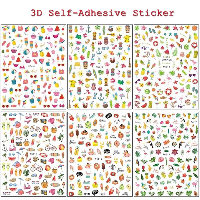 Summer Nail Art Stickers Holographic 3D Self-Adhesive Sticker Design Bikini Flamingo Beach Starfish Fruits Ice Cream Leaf Nail Art Decals for Women Girls Manicure Decoration DIY Nail Decal Supplies