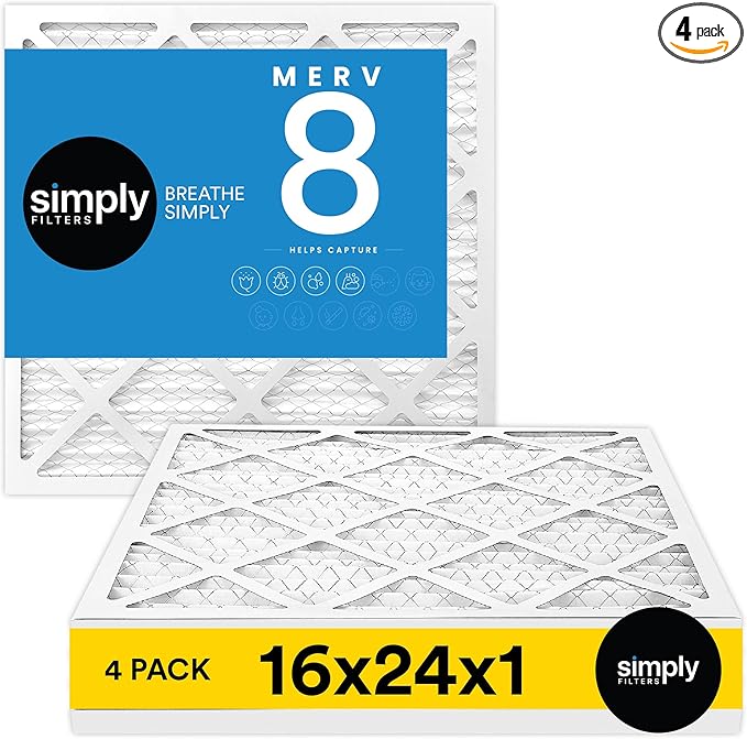 Simply 16x24x1 Air Filter, Merv 8, 4 Pack, For Home AC Furnace & HVAC (Actual Size: 15.75"x23.75"x0.75") DUST, Pet, & Allergy Control
