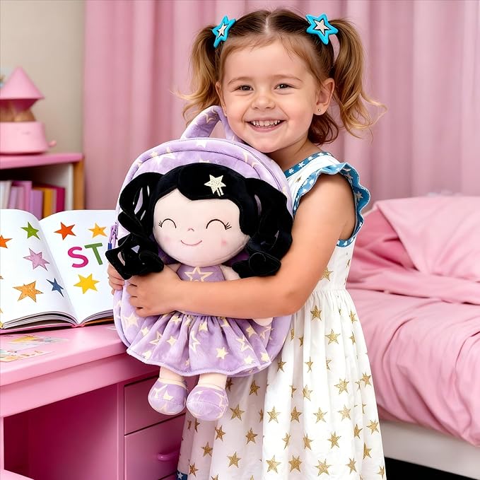 Gloveleya Toddler Backpacks Baby Girl Gifts Curly Hair Plush Figures Dress Backpack Kids Backpack Curly Hair Spring Girl - Black Head Purple Star 9inches
