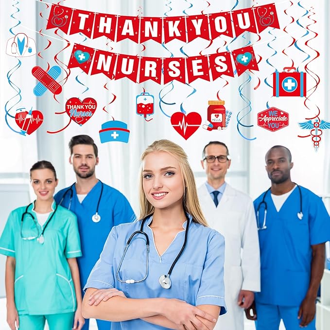 Thank You Nurse Banner and Hanging Swirl Set, Hanging Swirl Banner for Nurses Week Nurse Day Decoration Doctor Medical Themed Party Nurse Appreciation RN Graduation Party Decorations(Red)