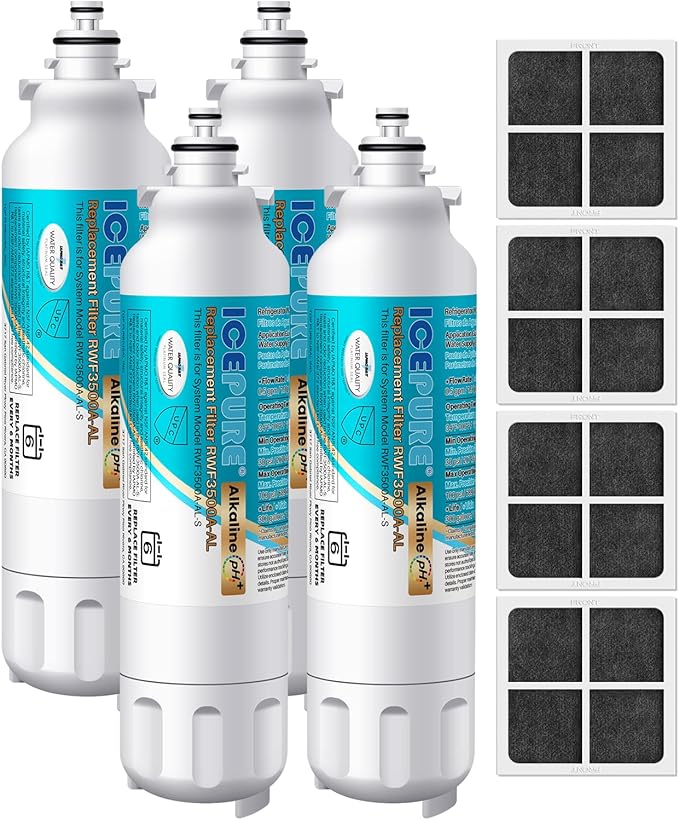 ICEPURE Alkaline ADQ73613401 Refrigerator Water Filter and Air Filter Replacement for LG LT800P, LT800PC, ADQ75795104, ADQ736134, ADQ73613402 Kenmore 9490 LSXS26326S LSXS26366S, Enhances PH, 4Combo