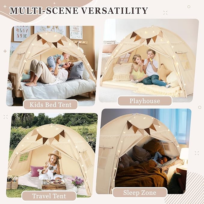 Full Size Bed Tent Canopy, Kids Play Tent with Flags & Star Lights, Canopy on Bed Privacy Space Sleeping Blackout Tents, Indoor Breathable Portable & Foldable, XL-Large Cream Tassels Style