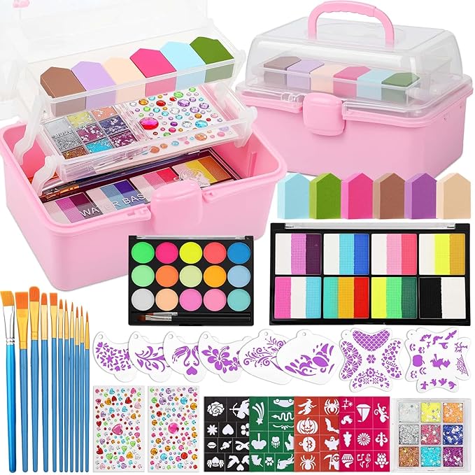 Kids Face Painting Kit with Organizer Box - Rainbow Color Non Toxic & Washable Face Paint Set with Stencils, Brush & Gems Kids Party Makeup for Halloween, Carnival & Costume