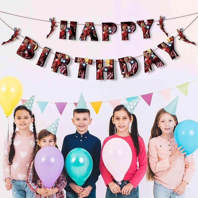 Irn Man Happy Birthday Banner – Action Hero Armor Theme Birthday Decoration Banner for Indoor Party Setup, Wall Hanging Display, Dessert Table Background, Photo Booth Backdrop.