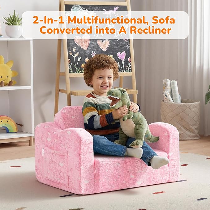 MeMoreCool Glowing Unicorn Kids Chair, 2-in-1 Glow in the Dark Kids Couch Fold Out to Lounger, Comfy Kids Couch for Ages 1-3, Soft Foam Kids Sofa with Washable Cover for Playroom, Girls Boys | Reading, Relaxing