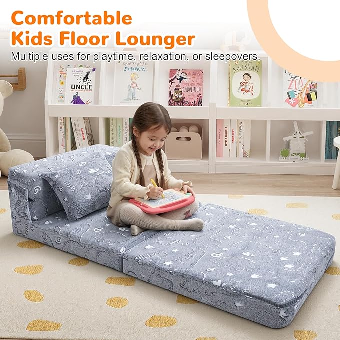 MeMoreCool Kids Floor Mattress Glow in The Dark, Convertible Sofa Couch, Folding Futon Chair Bed for Kids Playroom (Glowing Dinosaur)