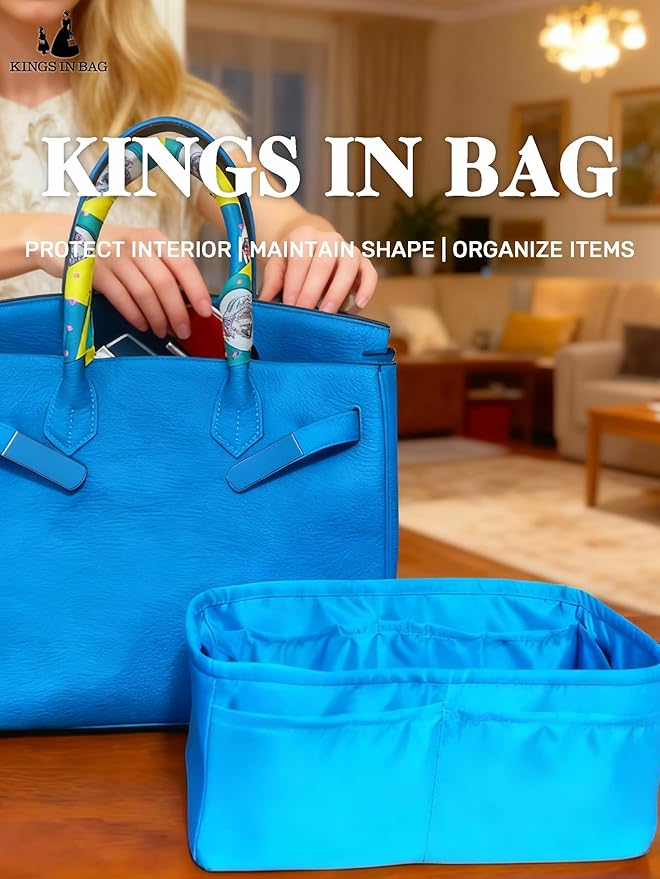 Purse Organizer Insert for Birkin 20, Lightweight & Soft Satin Organizer Insert with Pockets for Woman Bags, Ideal for Travel, Shopping, and Daily Use, Multicolor Options(Blue zanzibar, BK20)