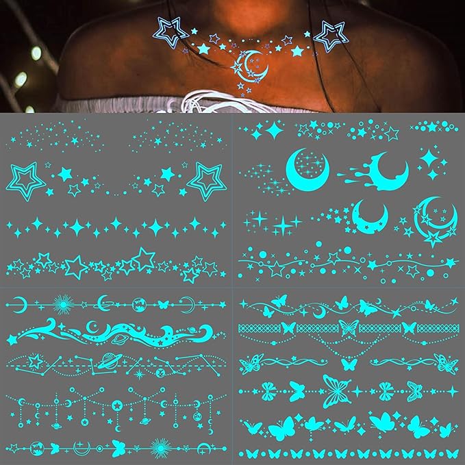 Blue Luminous Star Crescent Moon Temporary Tattoos For Women Clavicle Girls Adults Neck, 4 Sheets Sexy Lace Butterfly Planet Fake Necklace Glow In The Dark Tattoo Sticker, Night Glitter Party Supply