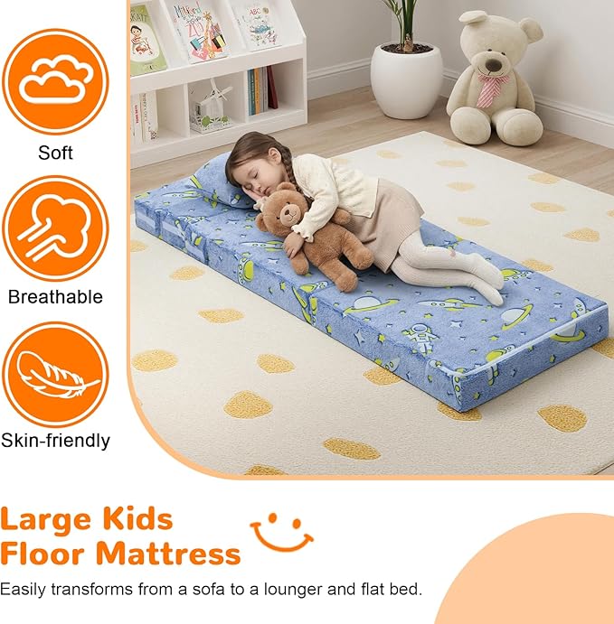 MeMoreCool Foldable Futon Chair Bed for Kids, Glow Tri-fold Sofa Bed Convertible Toddler Sofa Mattress, Foam Floor Couch for Sitting, Blue