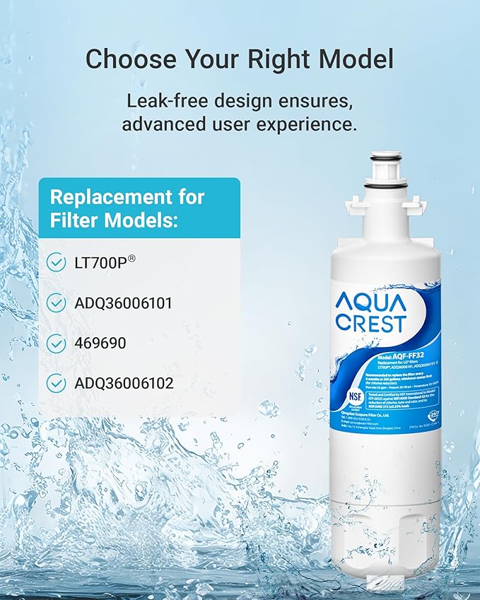 AQUA CREST 469690 ADQ36006101 Refrigerator Water Filter, Replacement for LG® LT700P®, Kenmore® 9690, 46-9690, ADQ36006102, LFXS30766S, HDX FML-3, RFC1200A, PL-500, 4 Pack