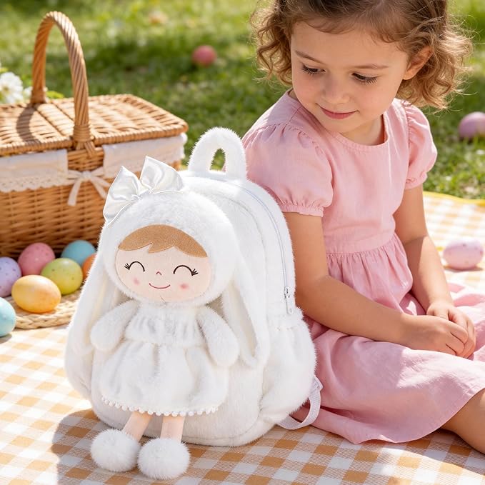 Gloveleya Toddler Backpack Plush Bag with White Bunny Detachable Design 11-inch Gift for Girl